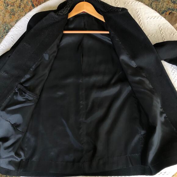 VTG 80s Alorna Forstmann Black Wool Peacoat Medium Cheetah Print Trim Mob Wife - Picture 7 of 12